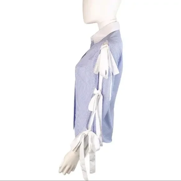 Haute Rogue NWT Blouse Blue & White Striped with Bow Sleeve Top - Picture 5 of 6
